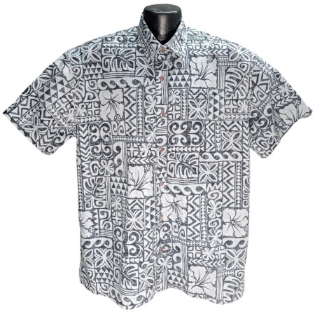 Traditional charcoal gray Tapa Hawaiian shirt- Made in USA 100% Cotton